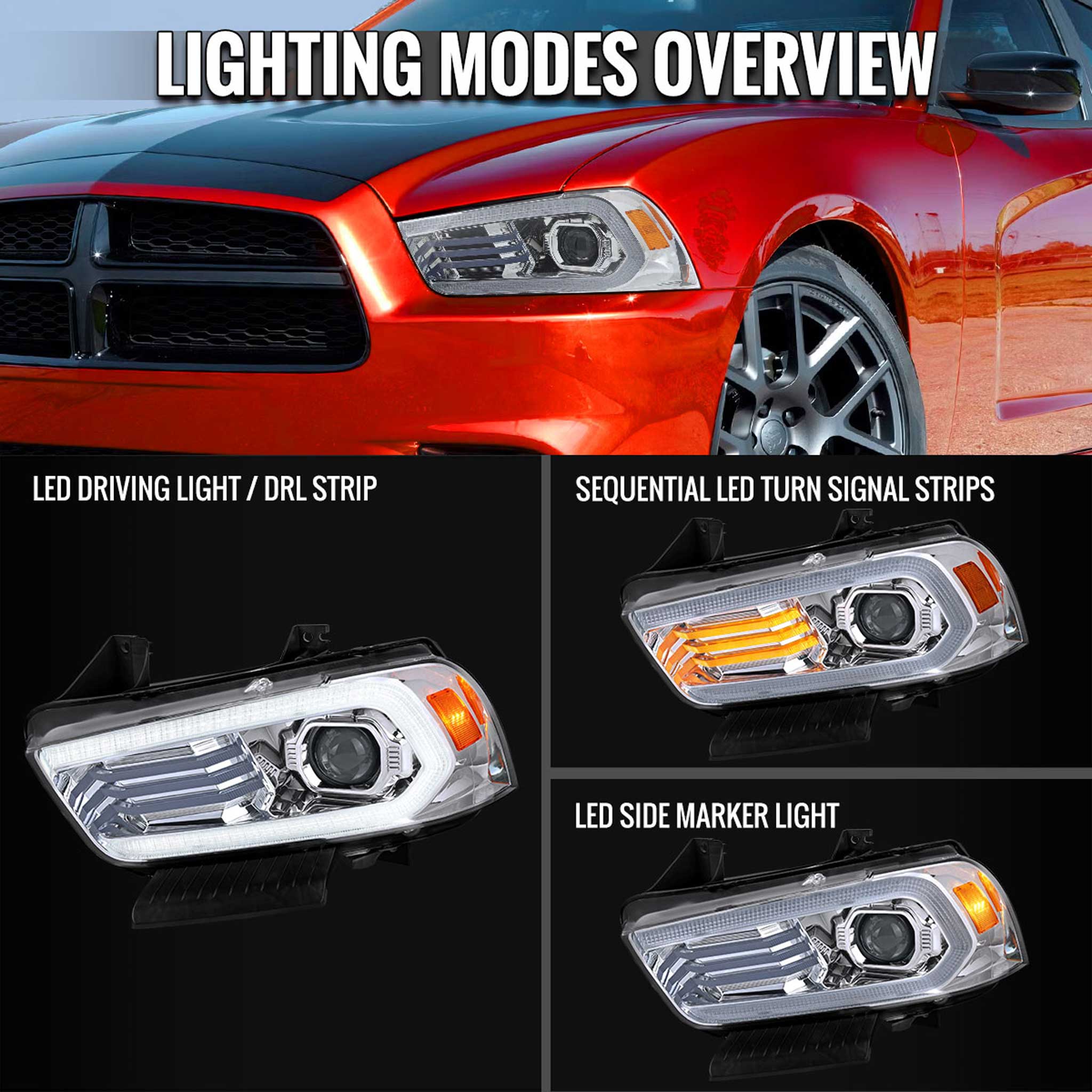 For Dodge Charger 2011-2014 Headlights LED DRL Light Strip Turn Signal Side Marker Chrome Housing Clear Lens - Image 8