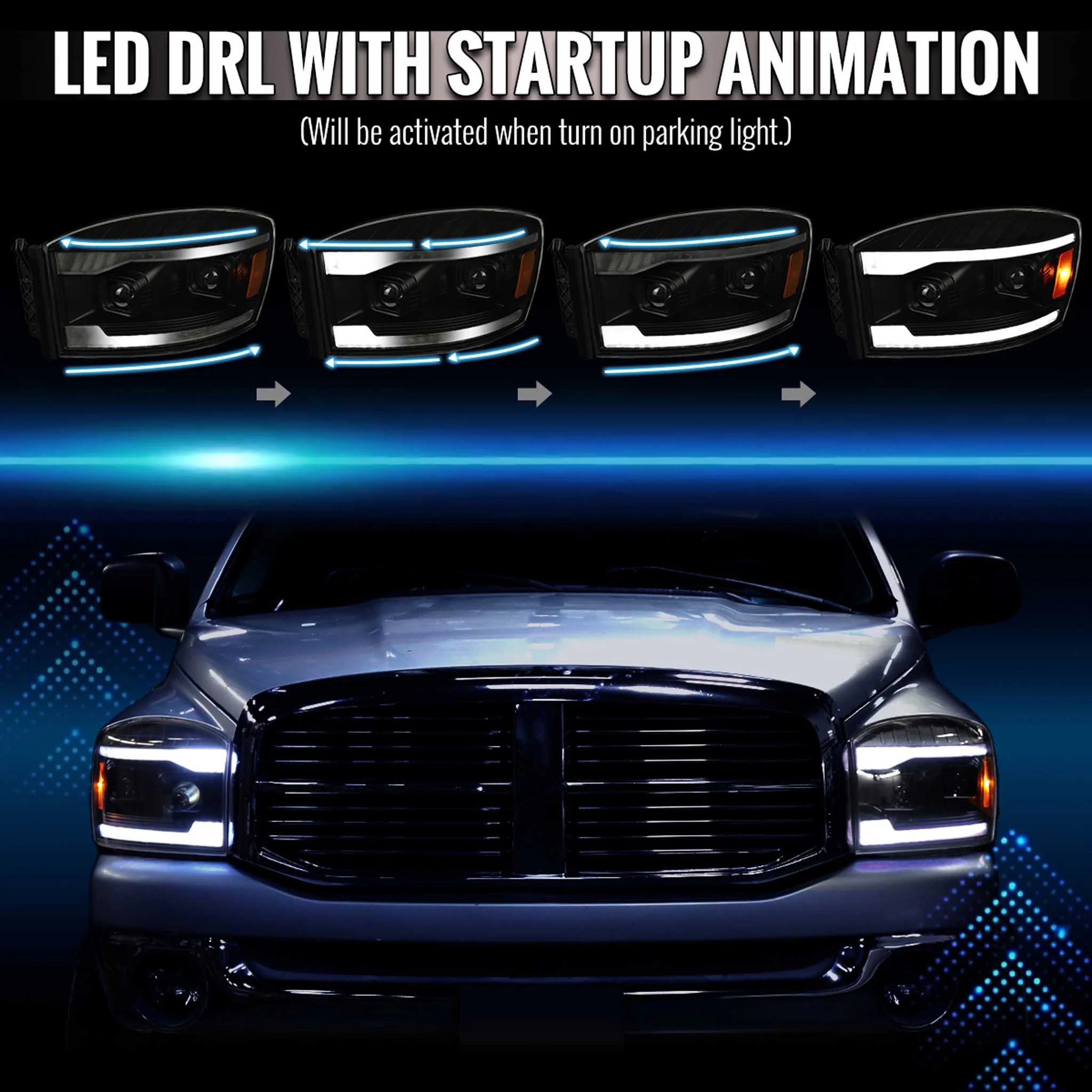 For Dodge RAM 1500 2006-08 / RAM 2500 3500 2006-09 Headlights LED Strip Turn Signal DRL Startup Animation Black Housing Smoked Lens - Image 3