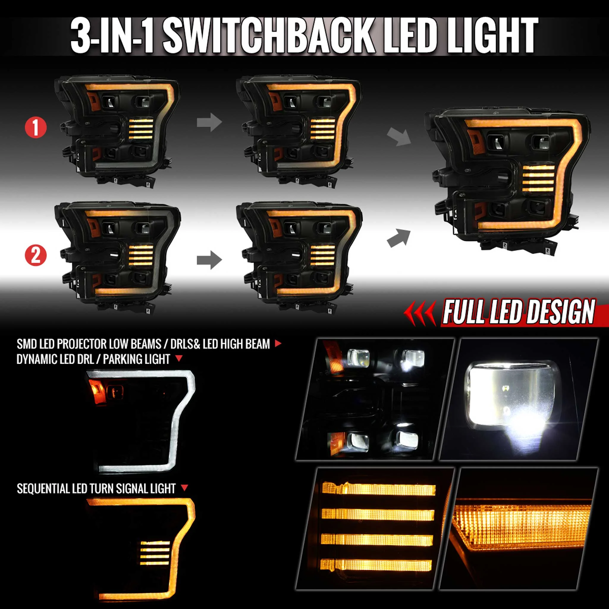 For Ford F-150 2015-2017 Headlights LED Turn Signals DRL Parking Light Strip Black Housing Smoked Lens - Image 2