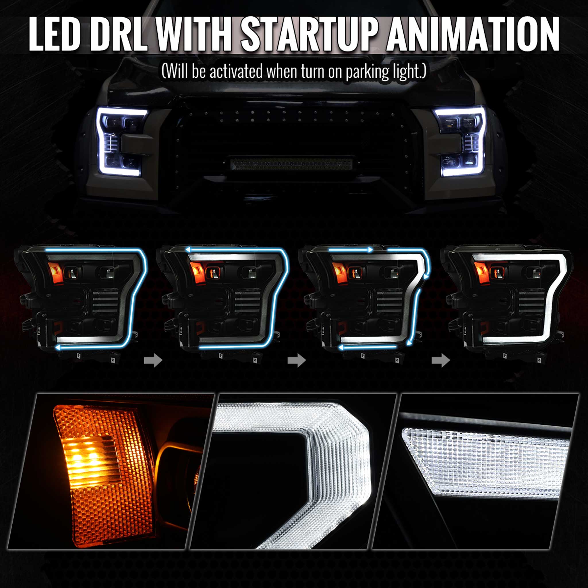 For Ford F-150 2015-2017 Headlights LED Turn Signals DRL Parking Light Strip Black Housing Smoked Lens - Image 3