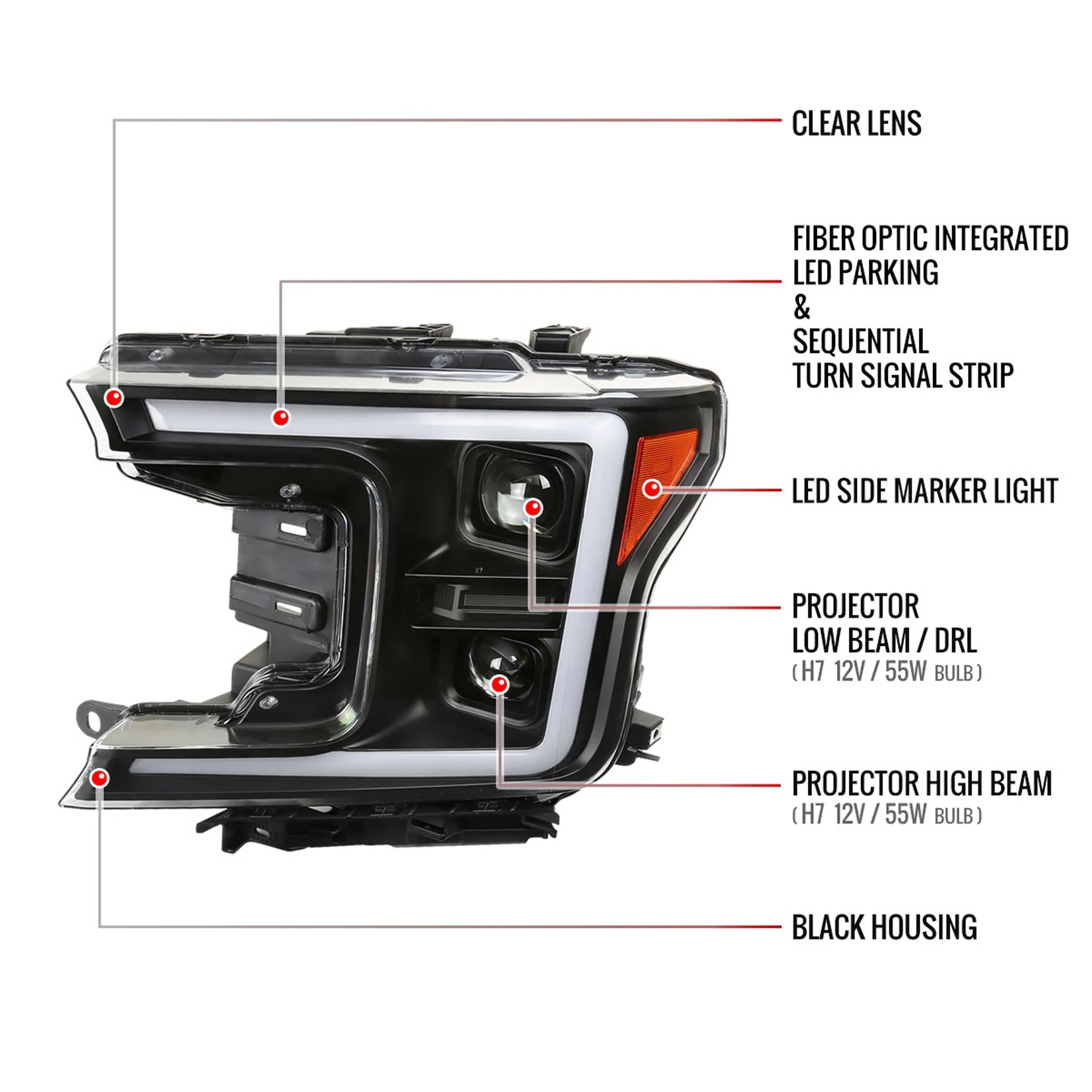 For Ford F-150 2018-2020 LED C-Bar Projector Headlights Turn Signal Lights Matte Black Housing Clear Lens - Image 8