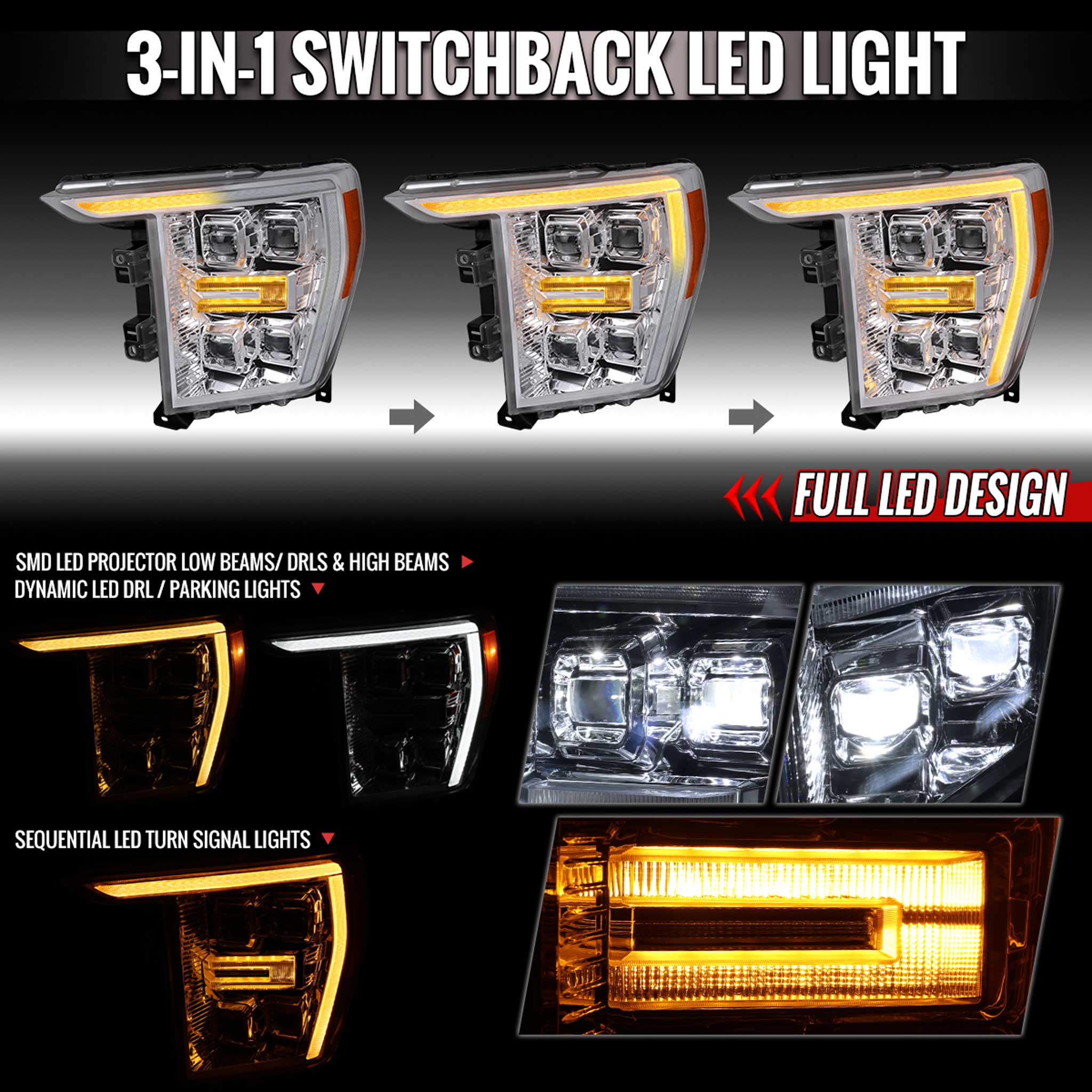 For Ford F-150 2021-2023 Full LED Projector Headlights Sequential DRL Chrome Clear Halogen Fit - Image 2