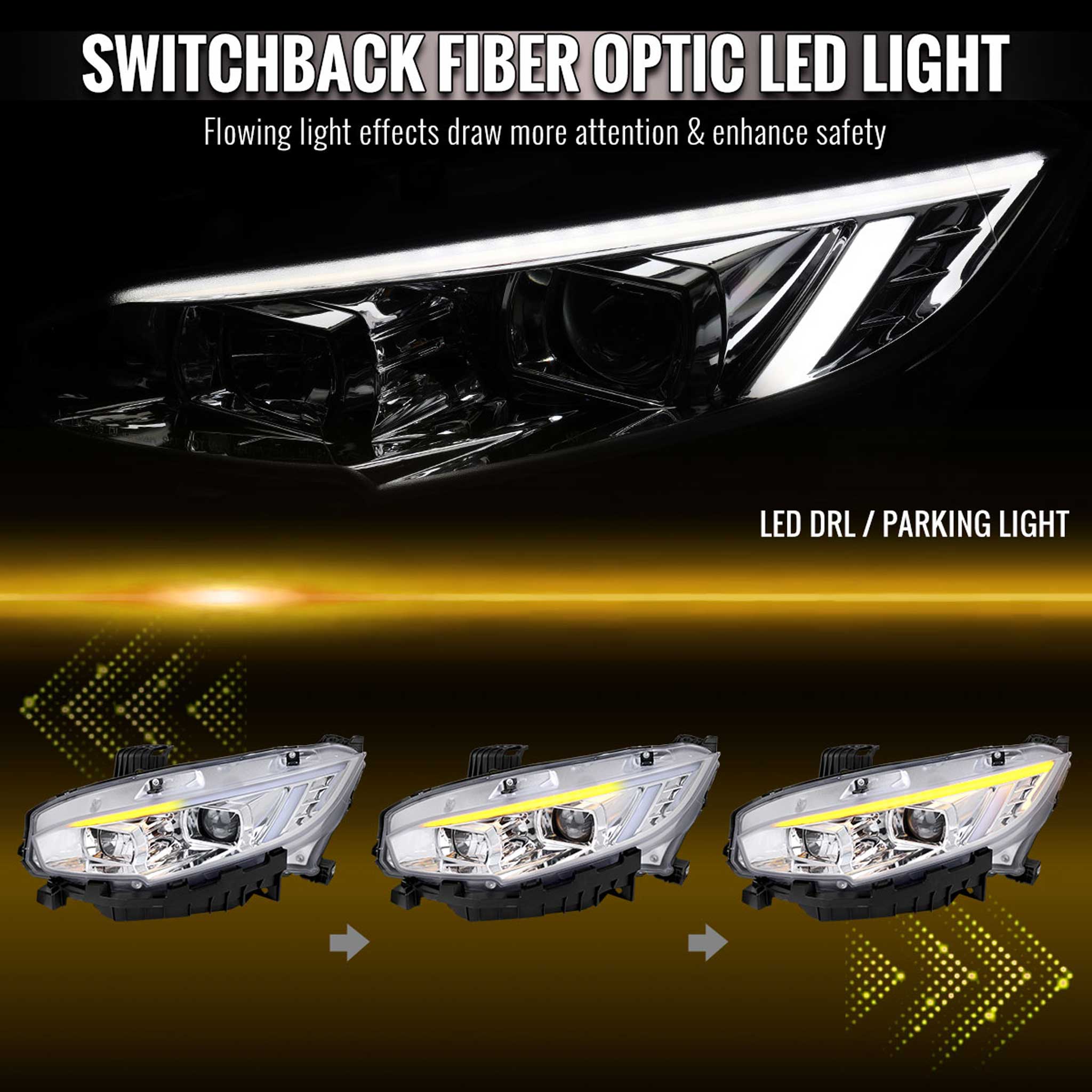 For Honda Civic 2016-2021 Projector Headlights Sequential DRL Chrome Housing Clear Lens - Image 2