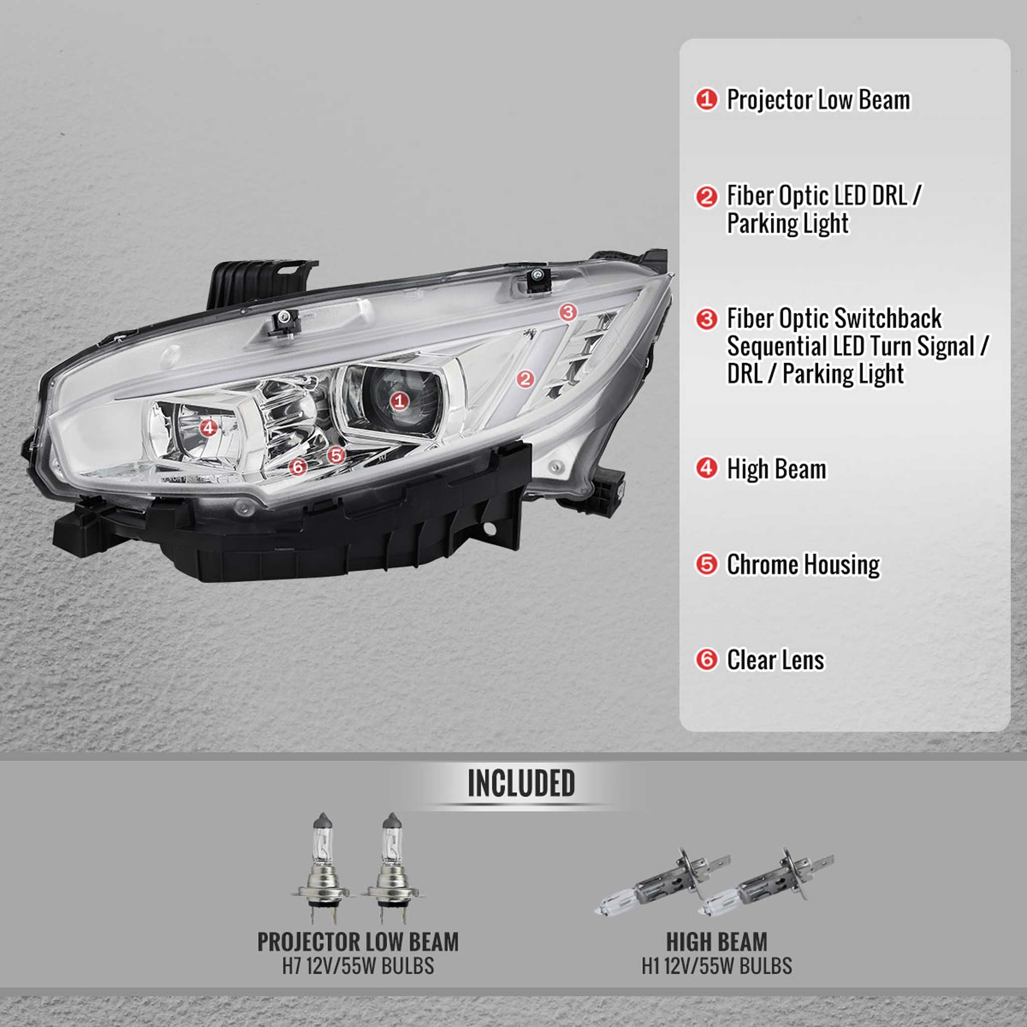 For Honda Civic 2016-2021 Projector Headlights Sequential DRL Chrome Housing Clear Lens - Image 4
