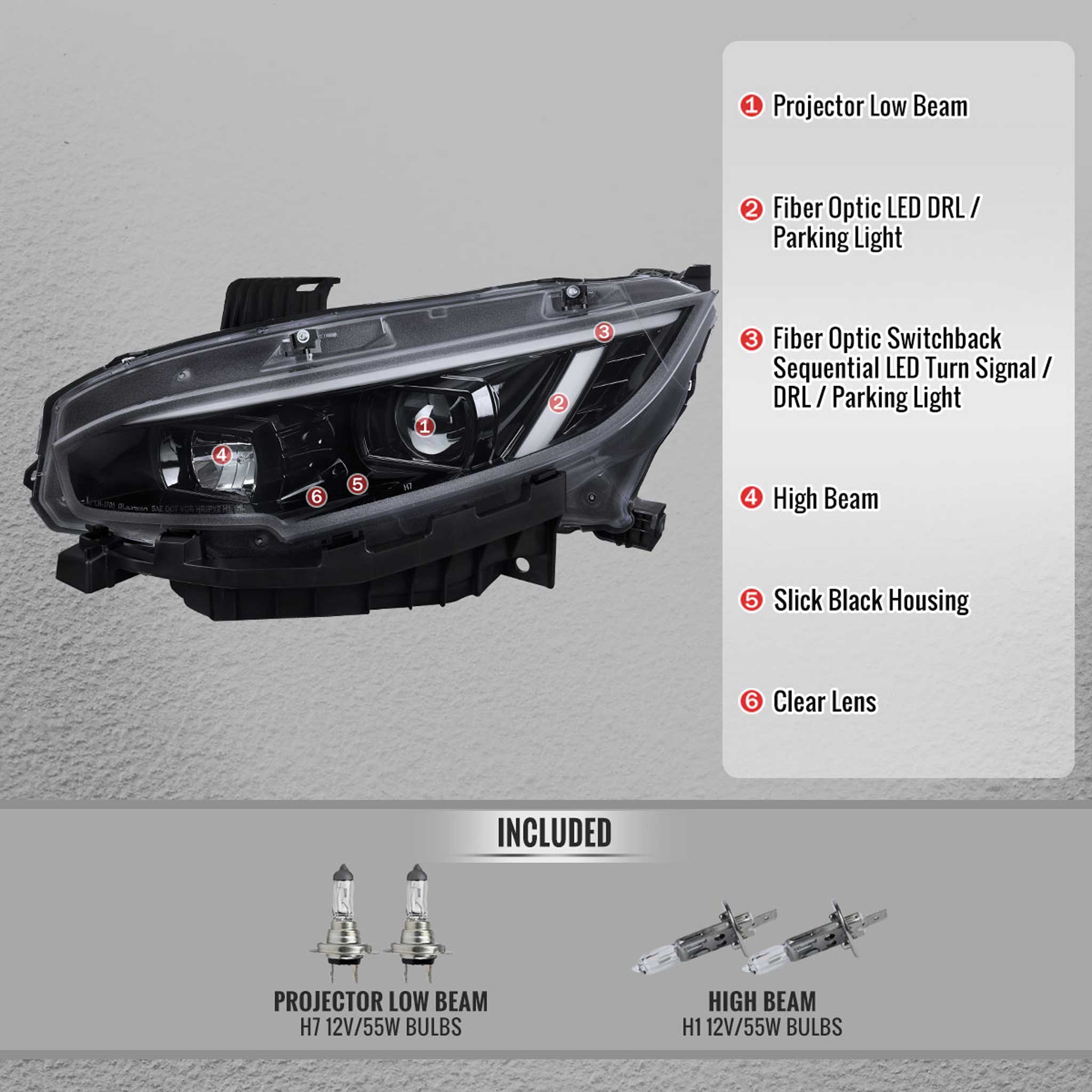 For Honda Civic 2016-2021 Projector Headlights Sequential DRL Jet Black Housing Clear Lens - Image 4