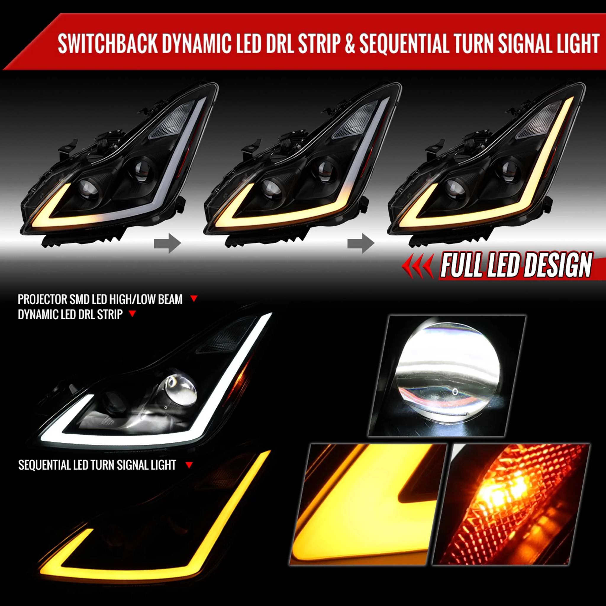 For Infiniti G37 2008-13 / Q60 Coupe 2014-15 LED Projector Headlights Sequential Matte Black Clear Lens Switchback - Image 2