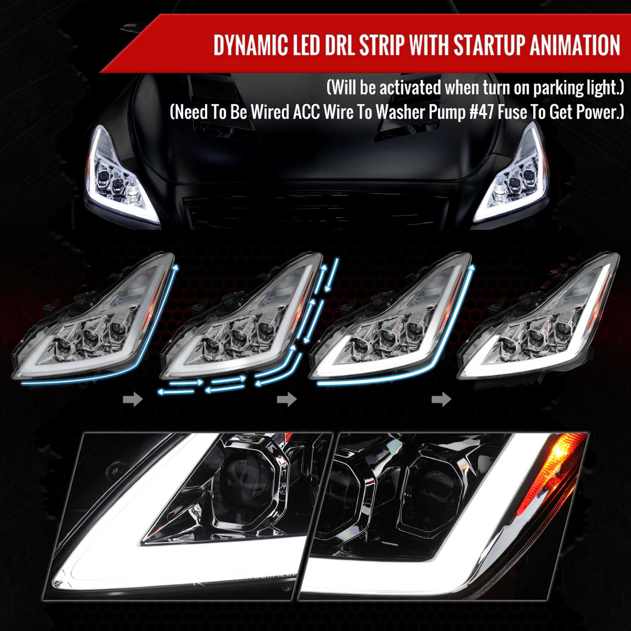 For Infiniti G37 2008-13 / Q60 Coupe 2014-15 LED Triple Projector Headlights Sequential Chrome Housing Clear Lens Switchback - Image 3