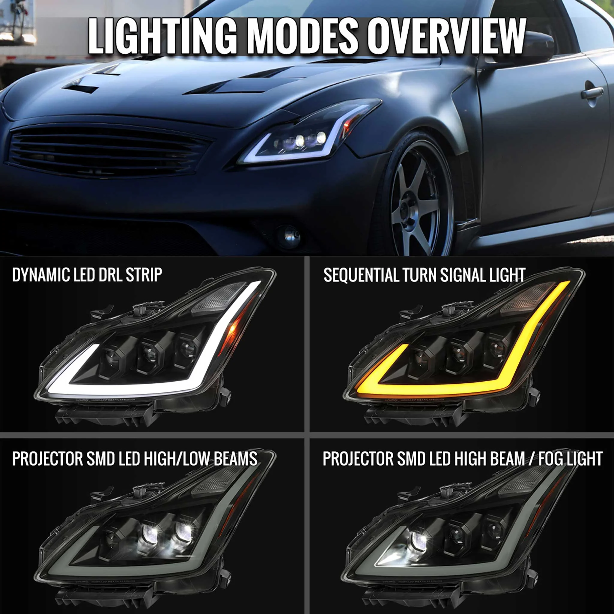 For Infiniti G37 2008-13 / Q60 Coupe 2014-15 LED Turn Signal Full LED Triple Headlights Matte Black Housing Smoked Lens - Image 9