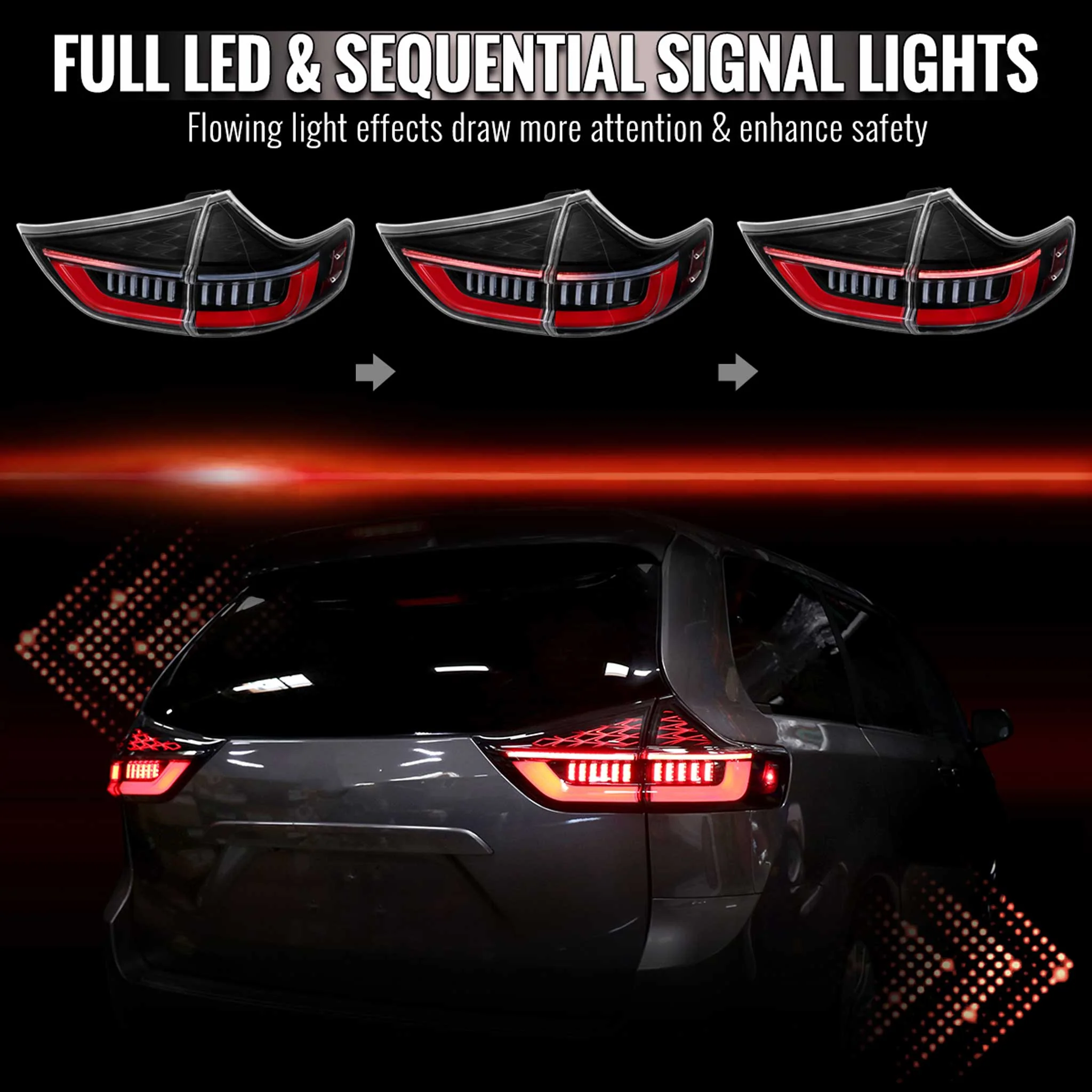 For Toyota Sienna 2011-2014 Full LED Tail Lights Sequential Red Fiber Black Clear Lens Jet Housing - Image 2