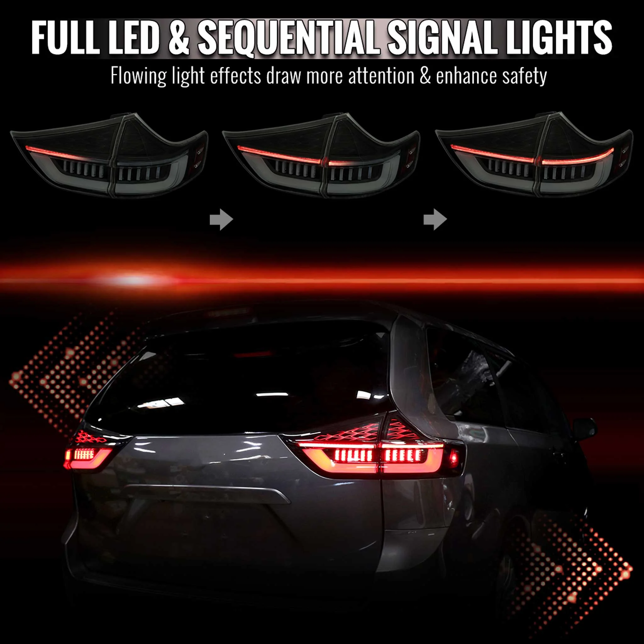 For Toyota Sienna 2011-2014 Full LED Tail Lights Sequential Signal Startup Black Housing Smoked Lens - Image 2