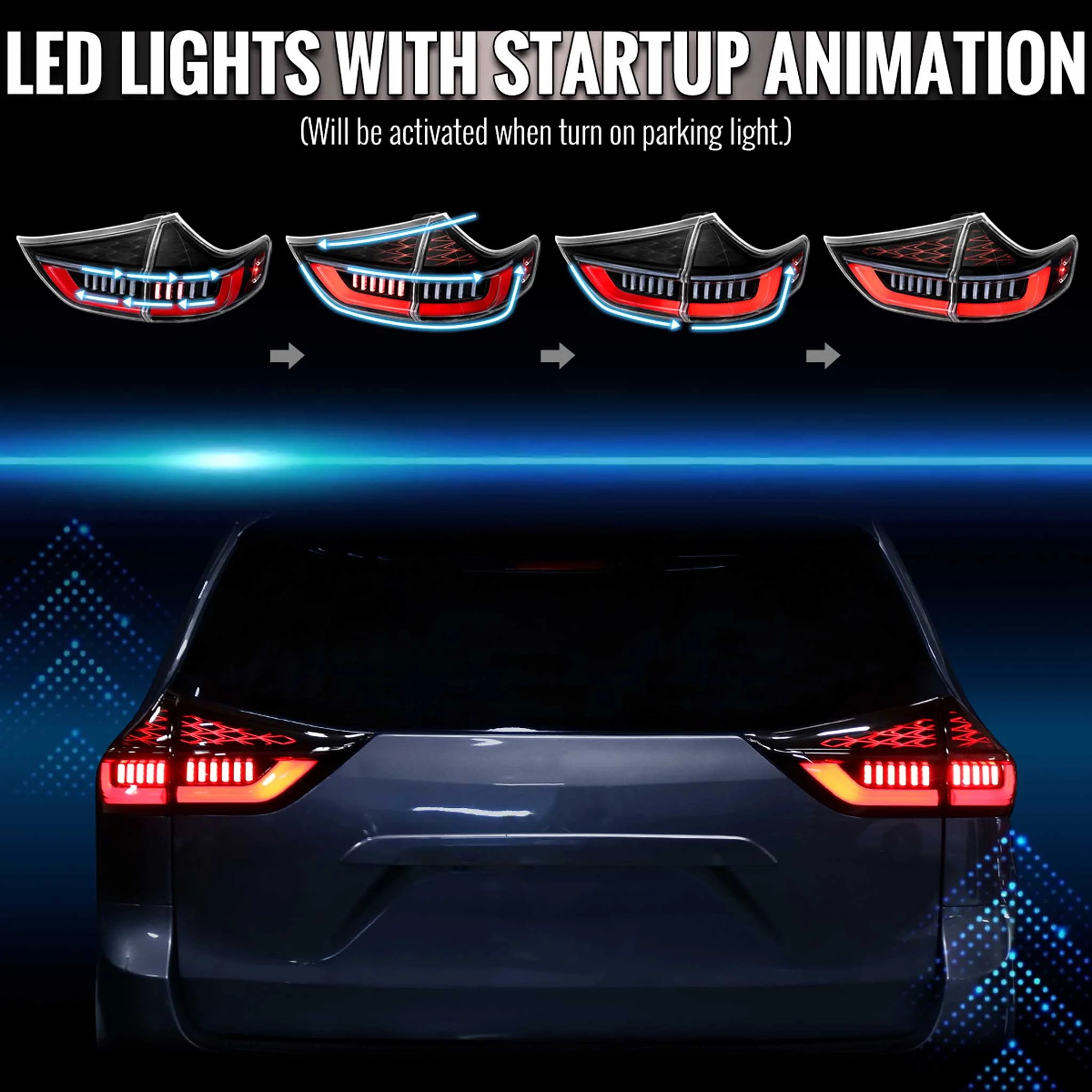 For Toyota Sienna 2015-2020 Full LED Tail Lights Sequential Red Fiber Optic Black Clear Lens Startup - Image 3