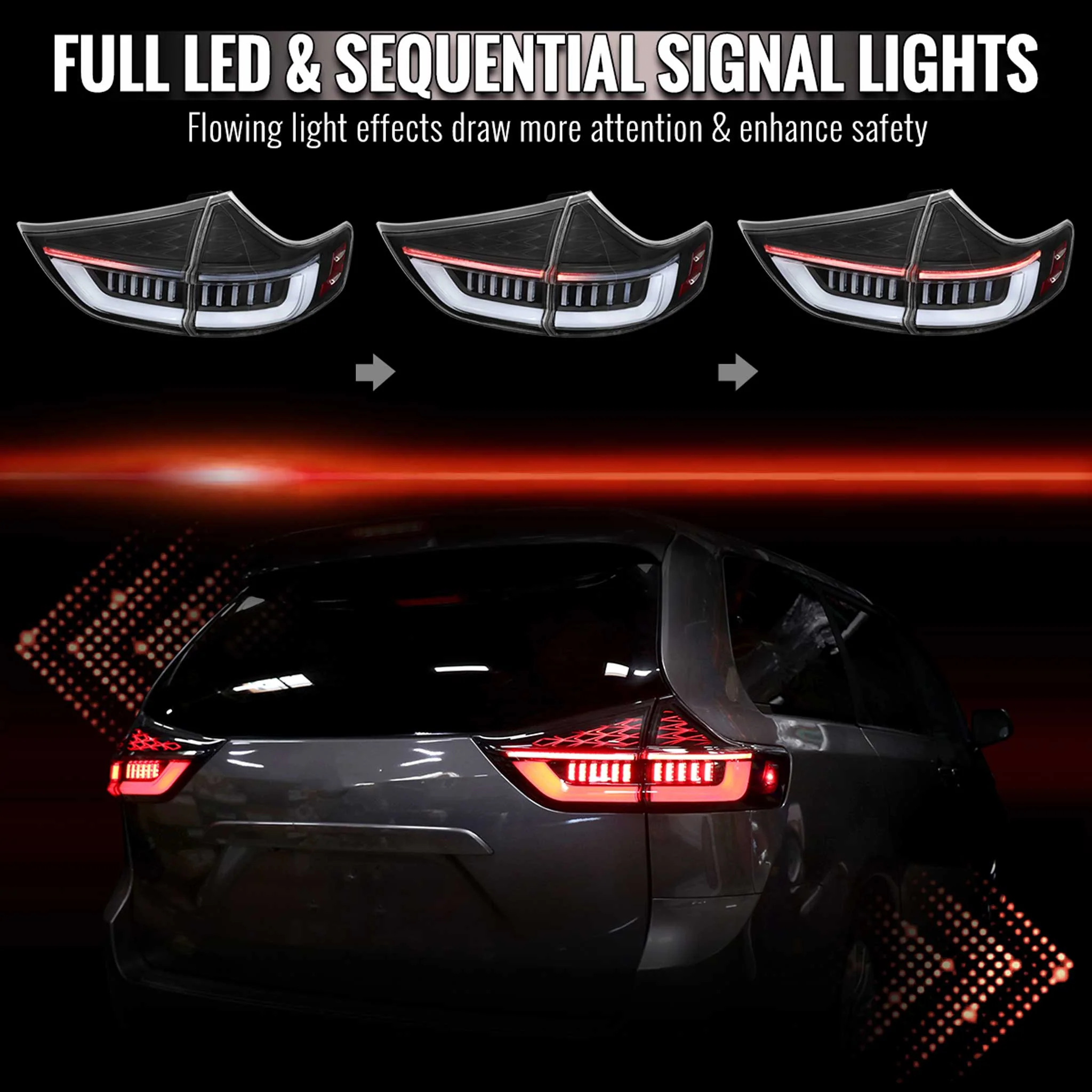 For Toyota Sienna 2015-2020 Full LED Tail Lights Sequential Signal Startup Black Housing Clear Lens - Image 2