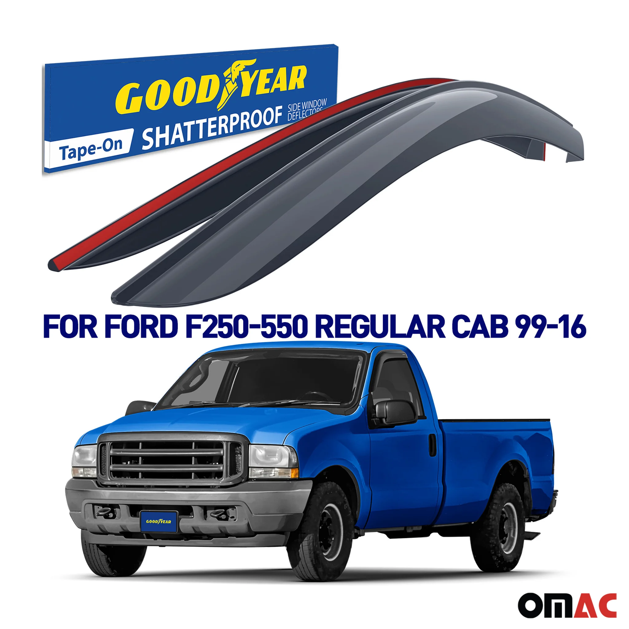 Goodyear Wind Deflectors for Ford F250 1999-2009 Regular Cab Tape-On Smoke 2 pcs - Image 2