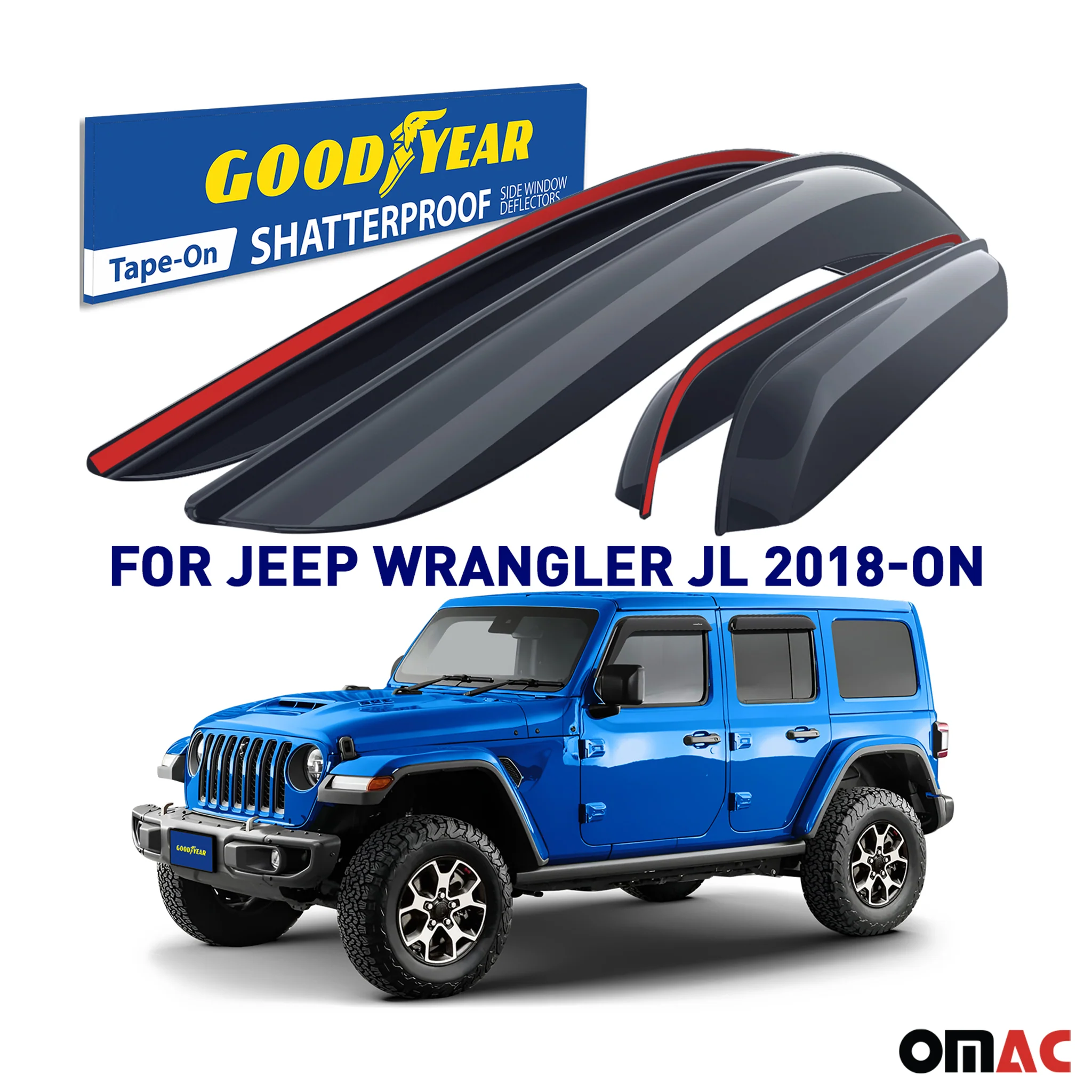 Goodyear Wind Deflectors for Jeep Wrangler 2018-2025 JL Tape-On Premium Smoke 4x - Image 2