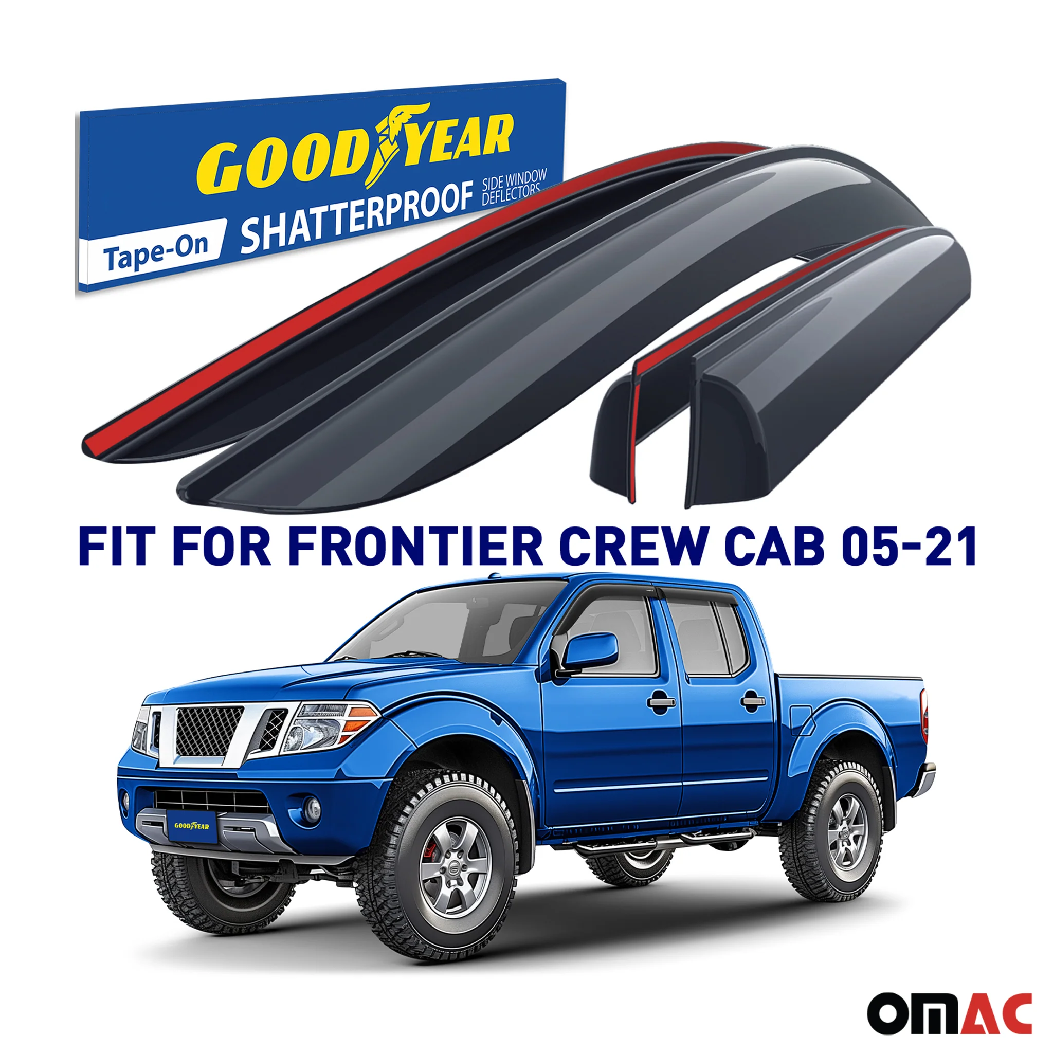 Goodyear Wind Deflectors for Nissan Frontier 2005-2021 Crew Cab Tape-On Smoke 4x - Image 2