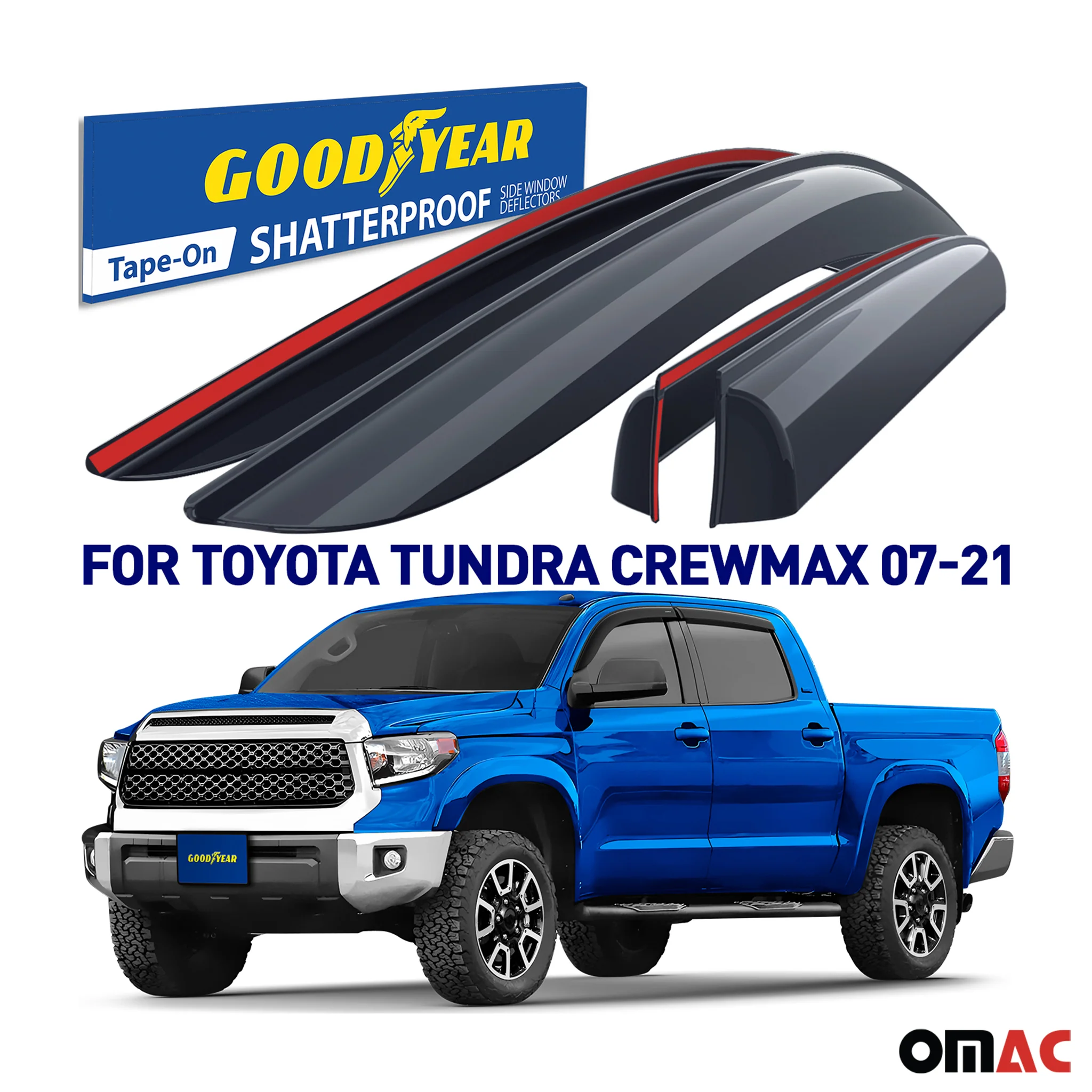 Goodyear Wind Deflectors for Toyota Tundra 2007-2021 CrewMax Tape-On Smoke 4 pcs - Image 2