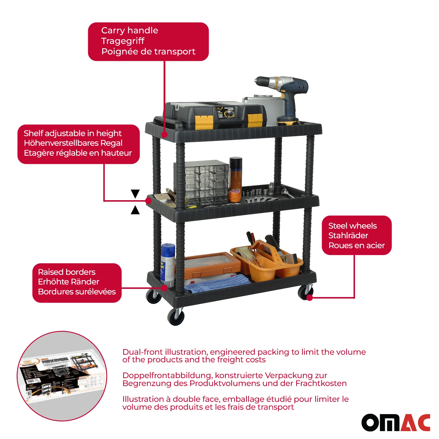 Rolling Cart 3 Tiers Wheels Trolley Workshop Cart Assembly Cart Black 88 lbs - Image 3
