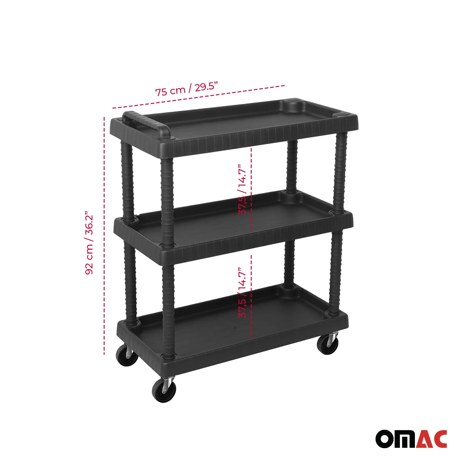 Rolling Cart 3 Tiers Wheels Trolley Workshop Cart Assembly Cart Black 88 lbs - Image 4