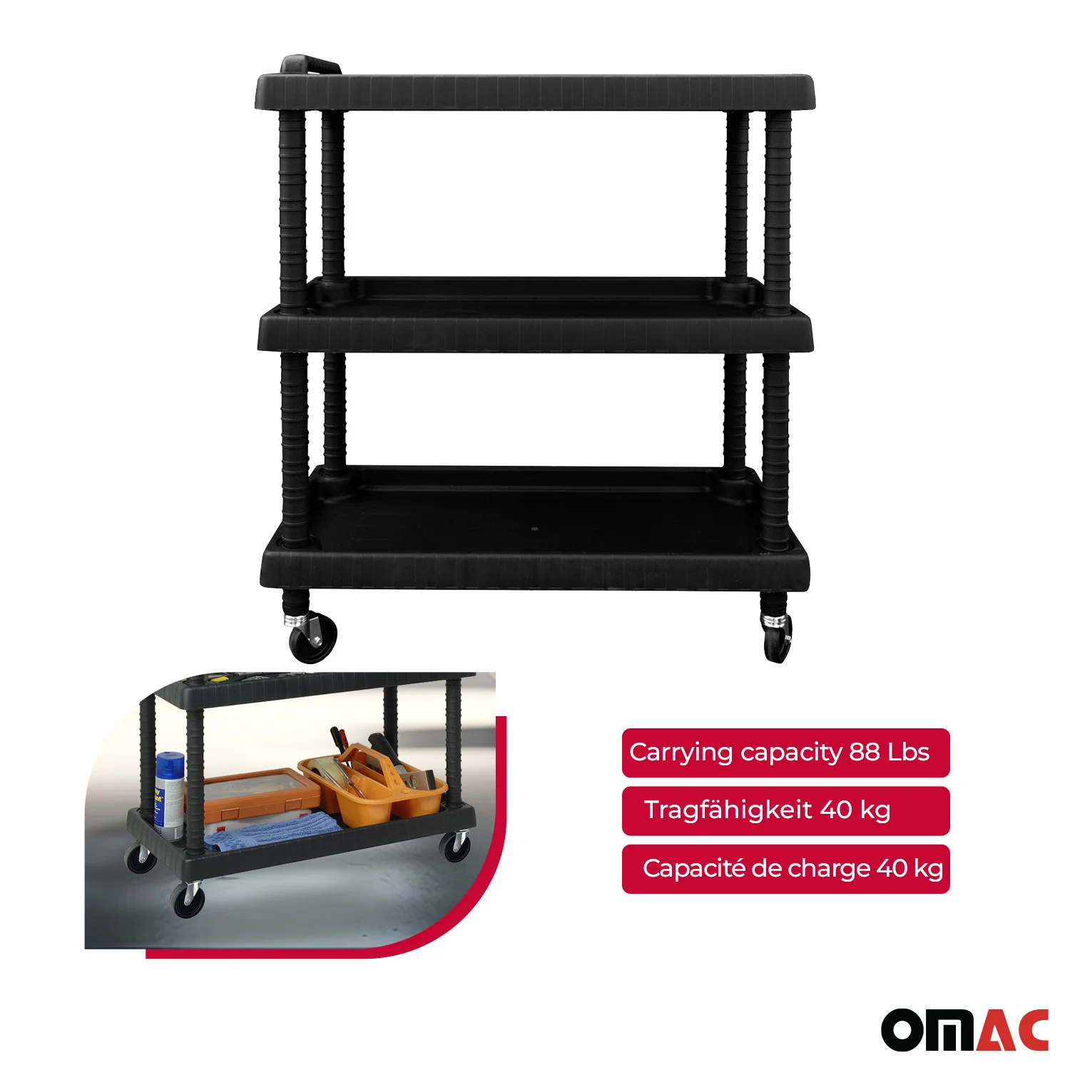 Rolling Cart 3 Tiers Wheels Trolley Workshop Cart Assembly Cart Black 88 lbs - Image 6