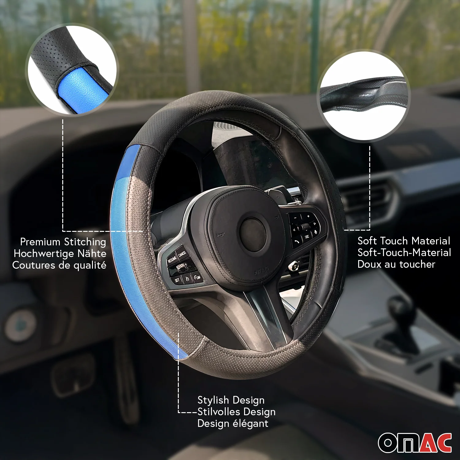 14.5-15.5’’ Steering Wheel Cover Half Moon Blue Leather Anti-slip Breathable - Image 2