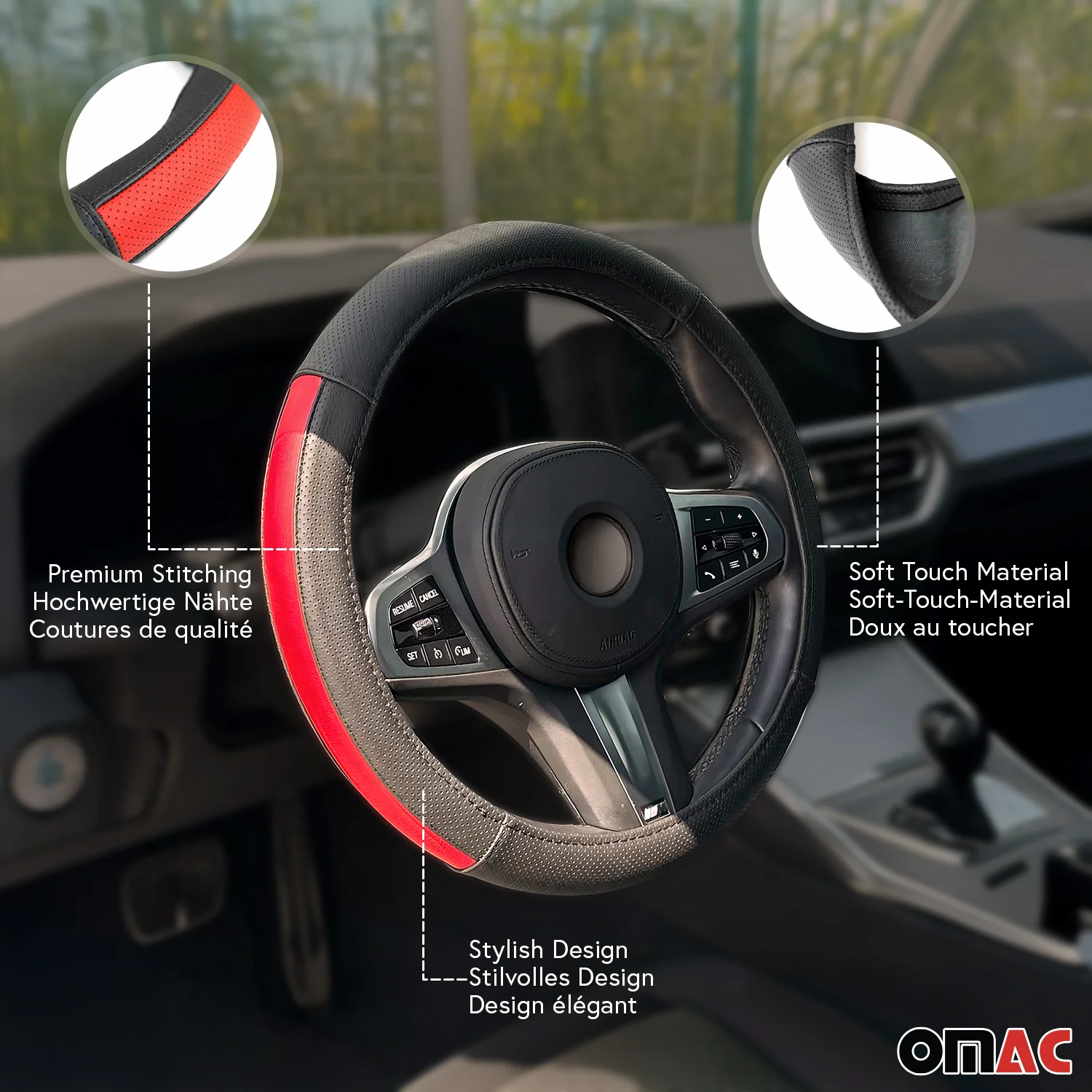 14.5-15.5’’ Steering Wheel Cover Half Moon Red Leather Anti-slip Breathable - Image 2