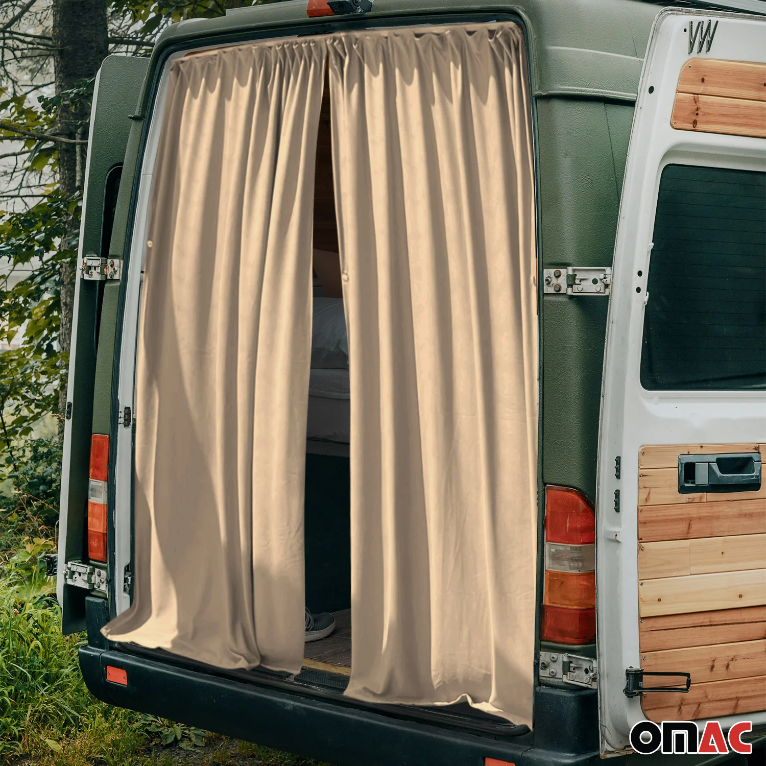 GMC Safari Trunk Tailgate Curtains Beige 2 Privacy Curtains - Image 2