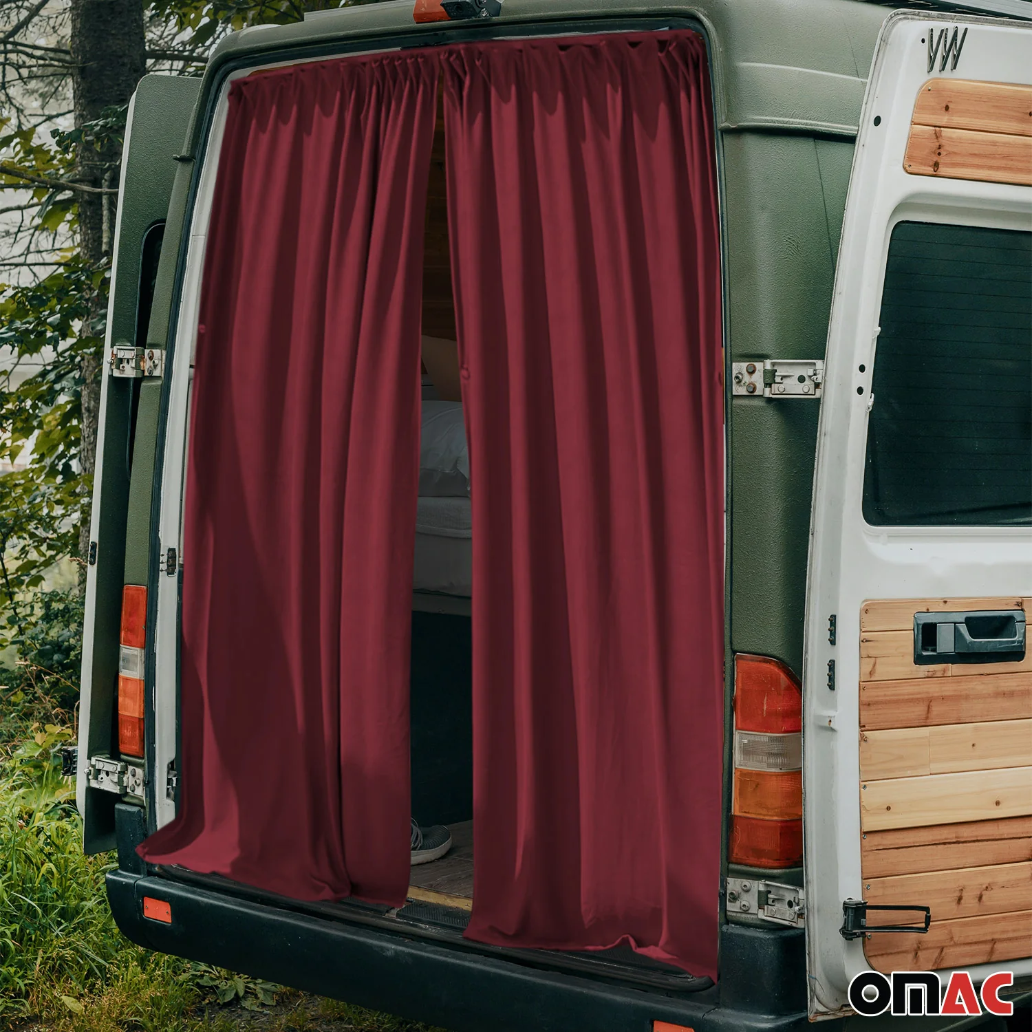 Mercedes Sprinter Trunk Tailgate Curtain Red 2 Privacy Curtains - Image 2