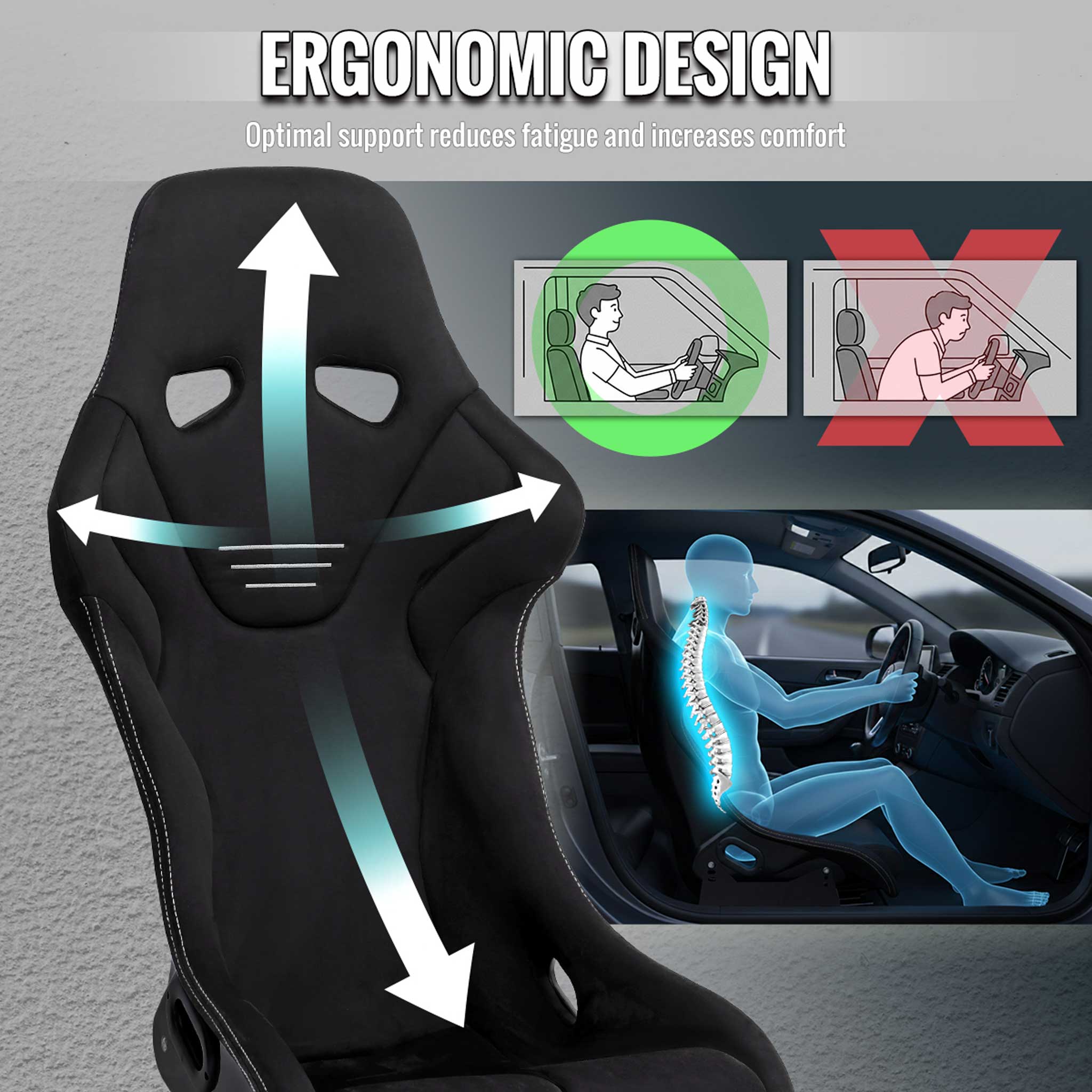 Universal Bucket Racing Seat Fiber Glass Black Suede Double Silver Stitch - Image 6