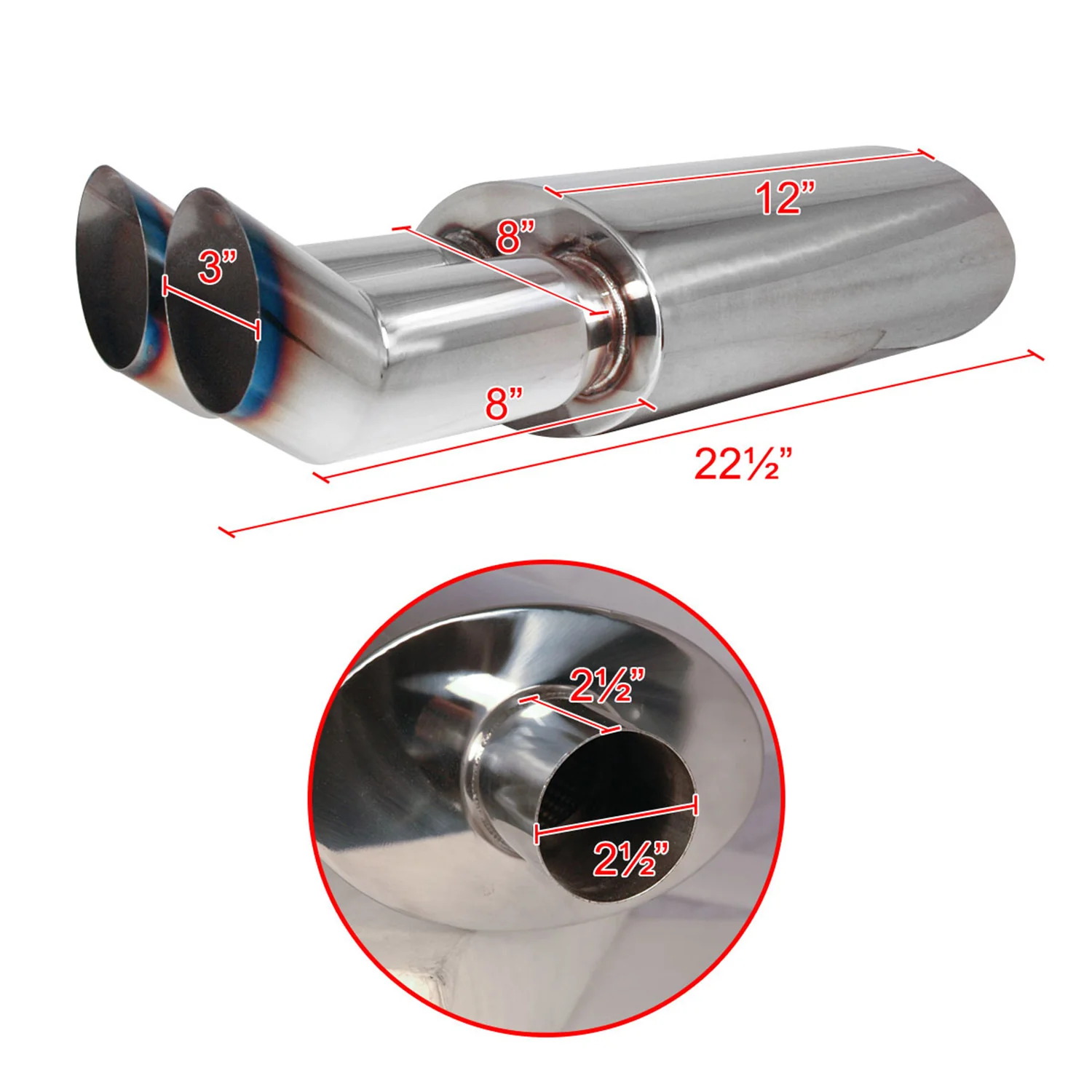 Universal DTM Style 2.5" Inlet/3" Outlet Steel Exhaust Muffler w/Dual Burnt Tips - Image 2