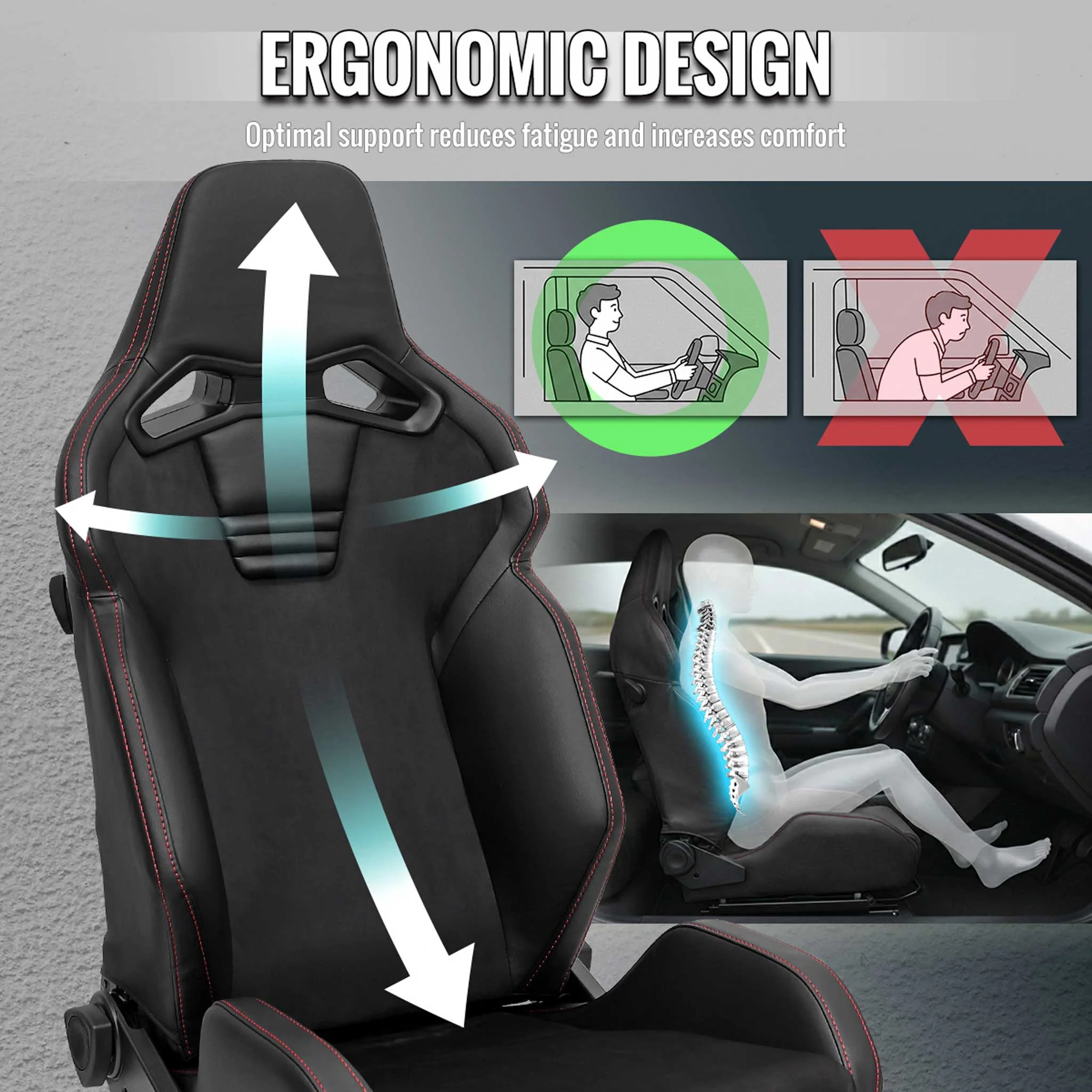 Universal Racing Seat Black Pu And Black Suede With Double Black Stitch - Image 6