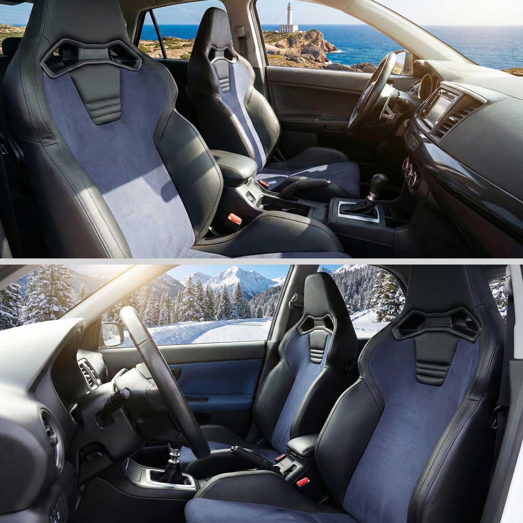 Universal Racing Seat Black Pu Leather Charcoal Gray Suede Double Black Stitch - Image 10