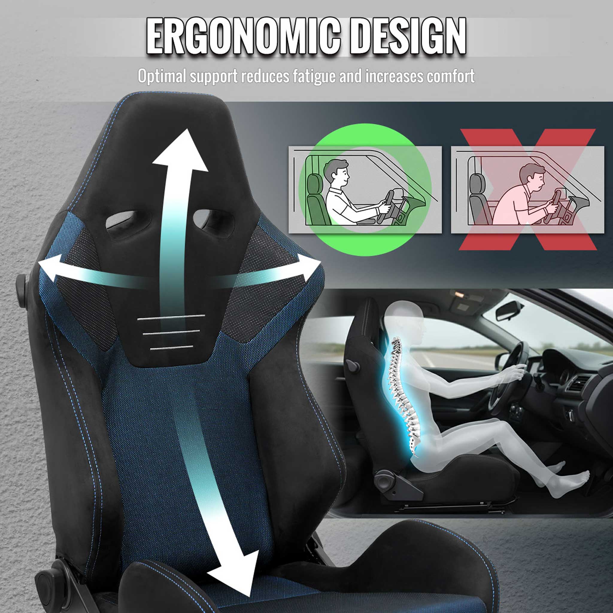Universal Racing Seat Black Suede And Blue Bird Eye/Cloth With Double Blue Stich - Image 6